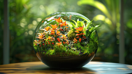 Wall Mural - vibrant terrarium featuring lush green plants and colorful foliage, creating serene and natural atmosphere. glass container showcases miniature ecosystem with various textures and colors