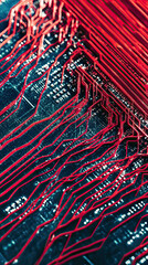 Poster - Intricate Network of Red Circuits on a Dark Circuit Board Illuminated by Soft Light