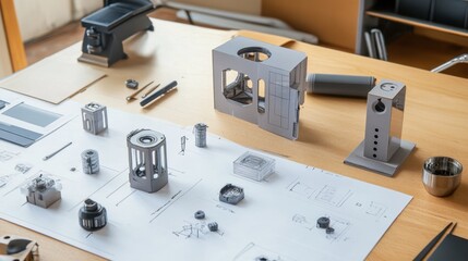 Poster - A table filled with innovative prototypes and concept sketches.