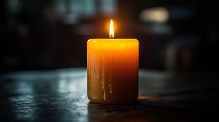 Poster - In a dimly lit room, a solitary candle stands tall, its warm glow casting soft shadows. Drips of wax slide gently down, creating a mesmerizing dance of light and dark, inviting reflection