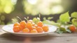 © Fenny - Golden cherries on plate, garden backdrop, summer sun