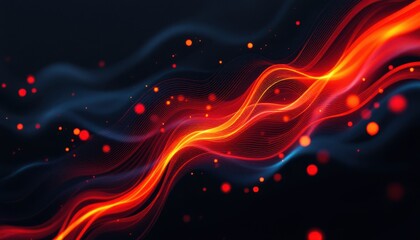 Poster - Abstract red and orange waves with glowing particles on dark background