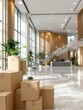 © MD NAZMUL - Stacked boxes in modern office lobby symbolizing corporate relocation