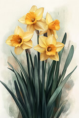 Wall Mural - Elegant Yellow Daffodils Watercolor Botanical Illustration