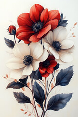 Wall Mural - Red and White Anemone Flowers with Dark Leaves