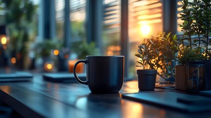 Wall Mural - A black coffee mug sits on a wooden table with a view of the sun