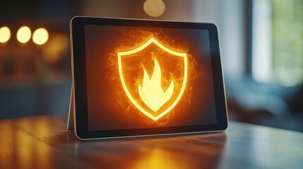 Poster - Digital tablet with fiery shield icon representing cybersecurity defense