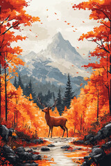 Wall Mural - Majestic Deer in Autumnal Forest Mountain Scene