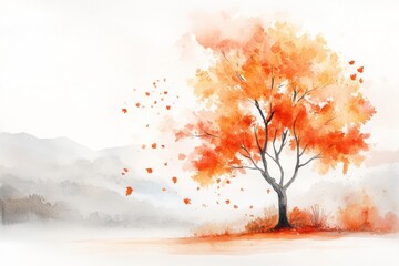 Poster - A delicate watercolor of a xanthous autumn tree with scattered leaves falling to the ground, blending warm hues of yellow and orange