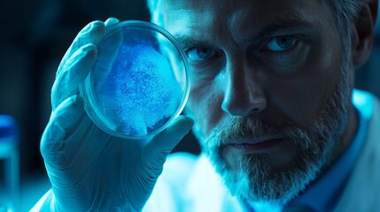 Poster - with intense focus, a scientist inspects a petri dish containing a specimen, illuminated by a striki