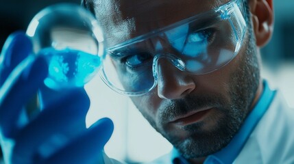 Poster - Focused scientist carefully analyzes a vibrant blue solution in a petri dish, dressed in protective gear, surrounded by advanced lab equipment and a bright atmosphere, emphasizing exploration