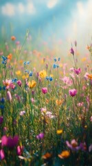 Wall Mural - A vibrant field of wildflowers in a dreamy landscape with soft sunlight.