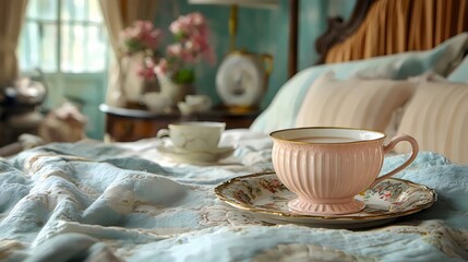 Wall Mural - A pink tea cup sits on a plate on a bed