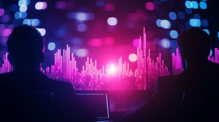 Poster - Two silhouetted figures observe a vibrant digital display of sound waves in pink and purple hues, highlighting a modern tech environment.