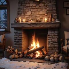 a cozy and warm stone fireplace with a roaring fire on a snowy night , night, fireplace, cozy