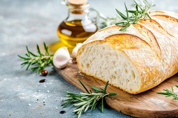 A rustic loaf of artisan bread served with olive oil and balsamic vinegar for dipping, on a wooden board