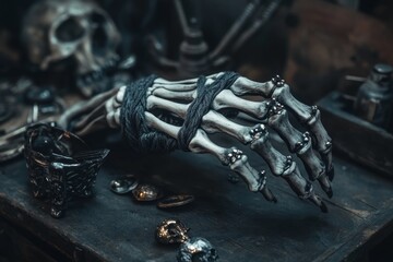 Aufkleber - A haunting depiction of a skeletal hand knitting with dark gray yarn, set in a dimly lit, eerie environment