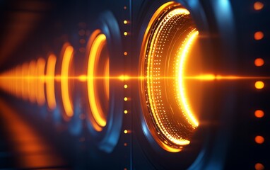 Fototapete - A vibrant, abstract representation of sound waves emanating from a central source, featuring glowing orange and blue tones.
