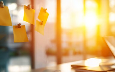 Poster - A bright workspace with sticky notes hanging and sunlight streaming through, creating a warm, productive atmosphere.