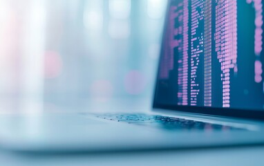 Poster - A close-up view of a laptop displaying vibrant digital data in pink hues, emphasizing technology and coding in a sleek environment.