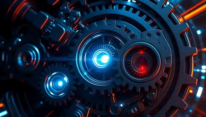 Poster - Futuristic Geared Mechanism With Vibrant Blue And Orange Lighting