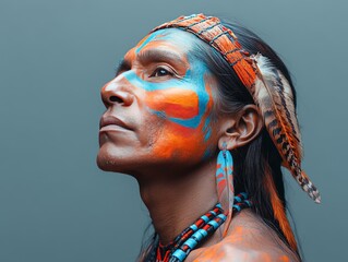 Portrait of a person adorned with traditional body paint and accessories, representing cultural heritage.