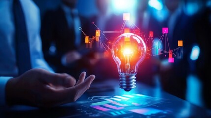 Poster - A glowing light bulb symbolizes innovation and ideas, surrounded by graphs and data, representing technology and business insights.