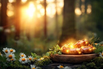 Poster - A magical wurst sausage glowing faintly with golden light, served on a rustic plate surrounded by enchanted herbs in a mystical forest setting