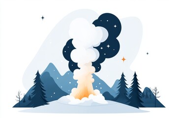 Poster - A minimalist depiction of Old Faithful geyser, drawn in clean, bold lines with soft blue and white tones, against a plain background