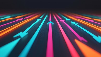 Fototapete - A vibrant pattern of colorful arrows pointing forward, creating a dynamic and energetic visual effect on a dark background.