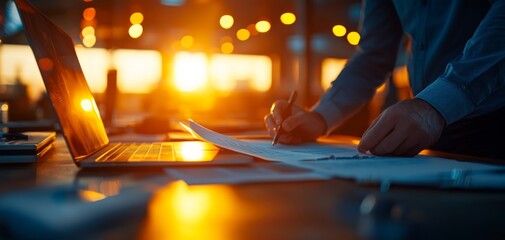 Poster - A person is working on plans at a desk, illuminated by the warm glow of sunset through a window, with a laptop nearby.