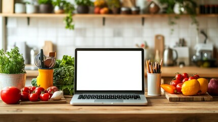 Poster - Open laptop with blank screen on a wooden desk in a kitchen room home office