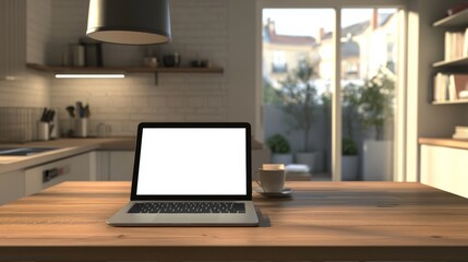 Fototapete - Open laptop with blank screen on a wooden desk in a kitchen room home office