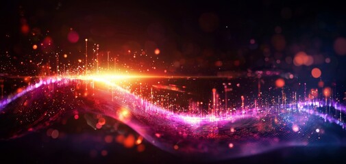 Fototapete - A vibrant, abstract representation of sound waves with colorful light effects and sparkles against a dark background.