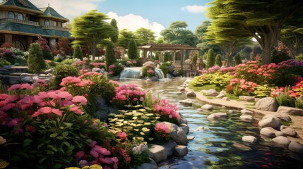 Wall Mural - A photo of a spa garden with blooming flowers.