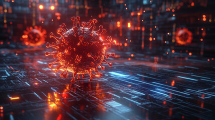 Aufkleber - Red glowing virus model on a digital circuit board, representing cyber threats in modern technology