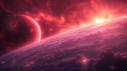 Wall Mural - cosmic landscape with rings around a planet and a glowing sun backdrop. generative ai