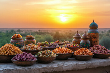 Canvas Print - A Traditional Arabic Feast Laid Out Beautifully For Iftar At Sunset