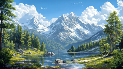 Wall Mural - Majestic mountains rise in background, surrounded by lush fir trees and serene lake. vibrant landscape captures beauty of nature, evoking sense of tranquility and adventure