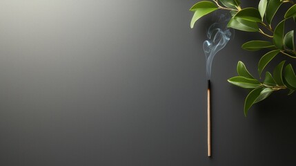 Poster - In a tranquil setting, a single incense stick glows softly, releasing wispy smoke that dances through the air, framed by vibrant green foliage on a smooth surface
