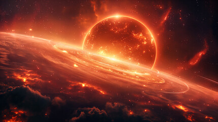 Wall Mural - cosmic landscape with rings around a planet and a glowing sun backdrop. generative ai