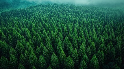 Wall Mural - vast green forest under mist shrouded mountains captures the beauty of nature in early morning light