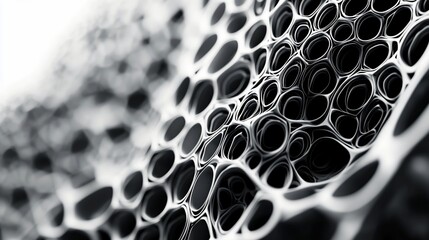 Poster - Abstract grayscale 3D render of interconnected organic shapes, resembling a porous network or cellular structure.