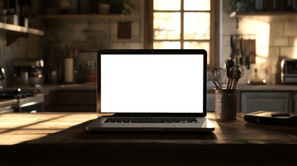 Fototapete - Open laptop with blank screen on a wooden desk in a kitchen room home office