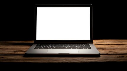 Fototapete - Open laptop with blank screen on a wooden desk in a kitchen room home office