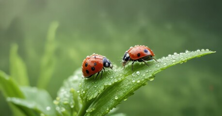 a small, red ladybug on a green flower with droplets of morning dew, tiny, small insect