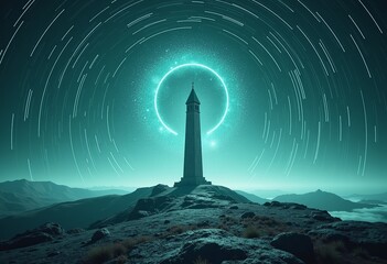 Poster - Minimalist Tower Starry Lines Magnet Effect Turquoise Cosmic Space Photorealistic Soft Light Subtle Accents