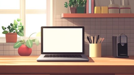 Fototapete - Open laptop with blank screen on a wooden desk in a kitchen room home office