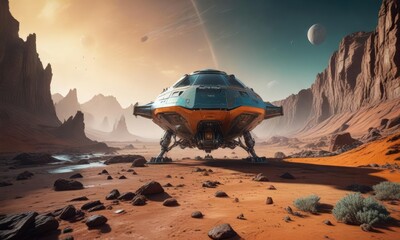 Wall Mural - A spaceship landing on the surface of a planet with an orange and teal landscape, space exploration, spaceship, spacecraft landing