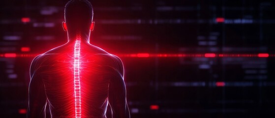 Poster - A digital figure illuminated by a red spine-like glow against a dark, data-inspired background, suggesting themes of technology and human anatomy.